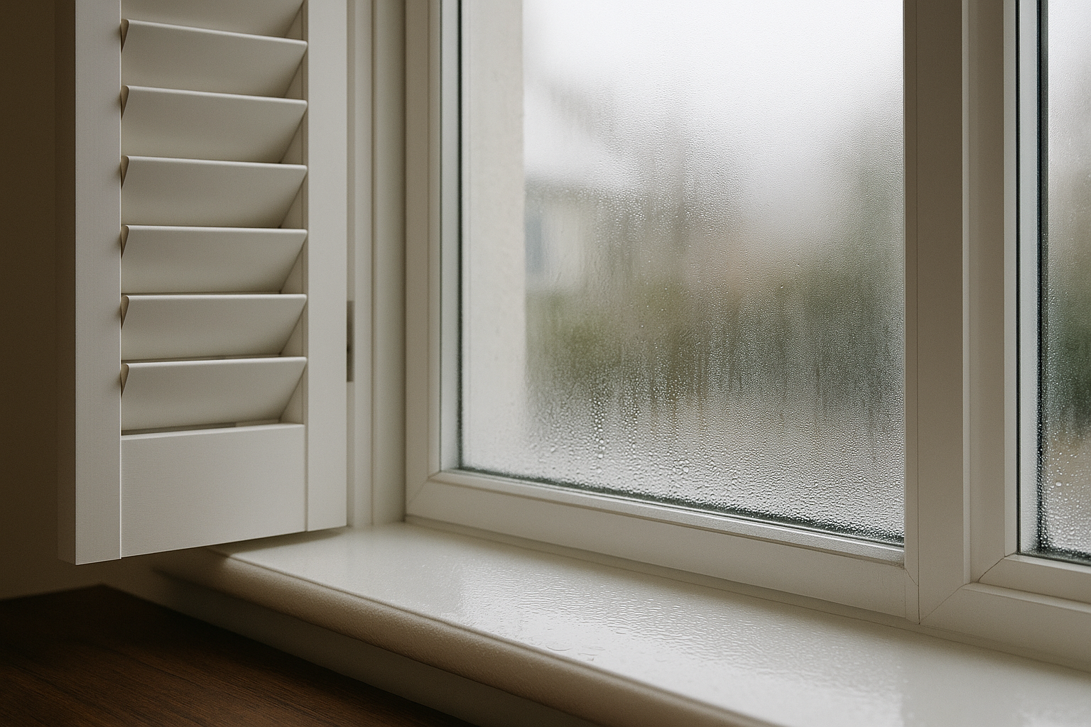 Winter condensation along the lower edge of a window with louvred shutters slightly open.