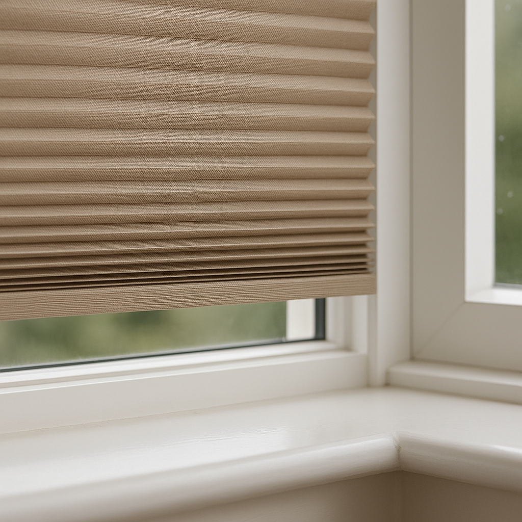 Duette honeycomb blind with a 10–15 mm gap above the sill for airflow.