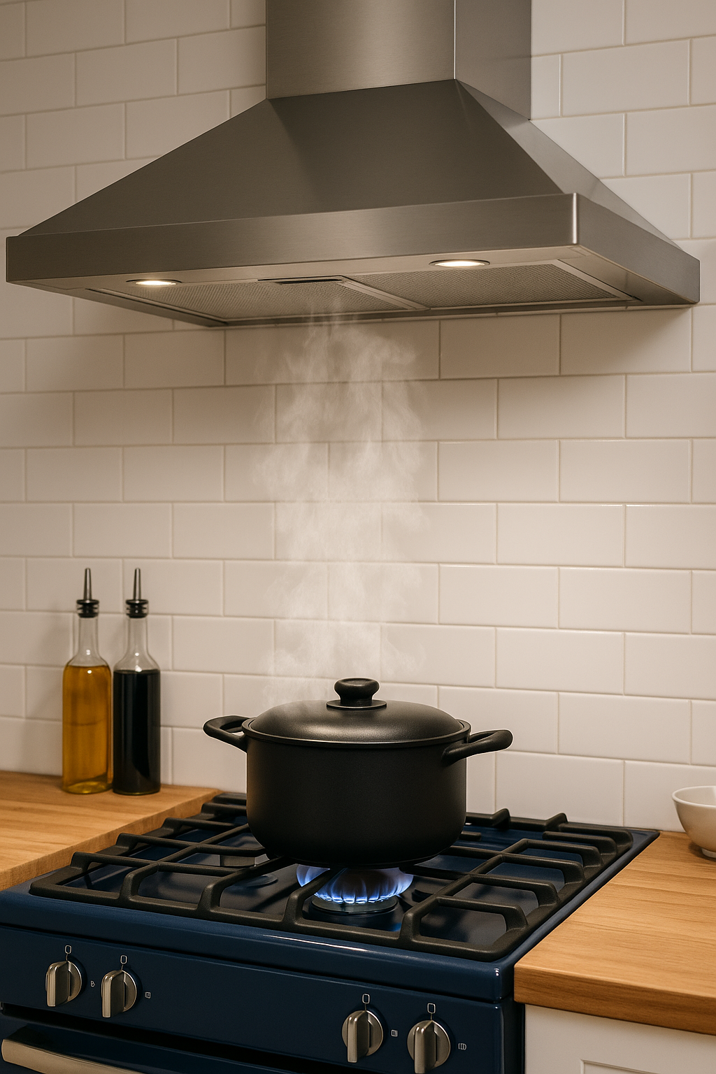 Cooker hood running with lids on pans to reduce moisture.