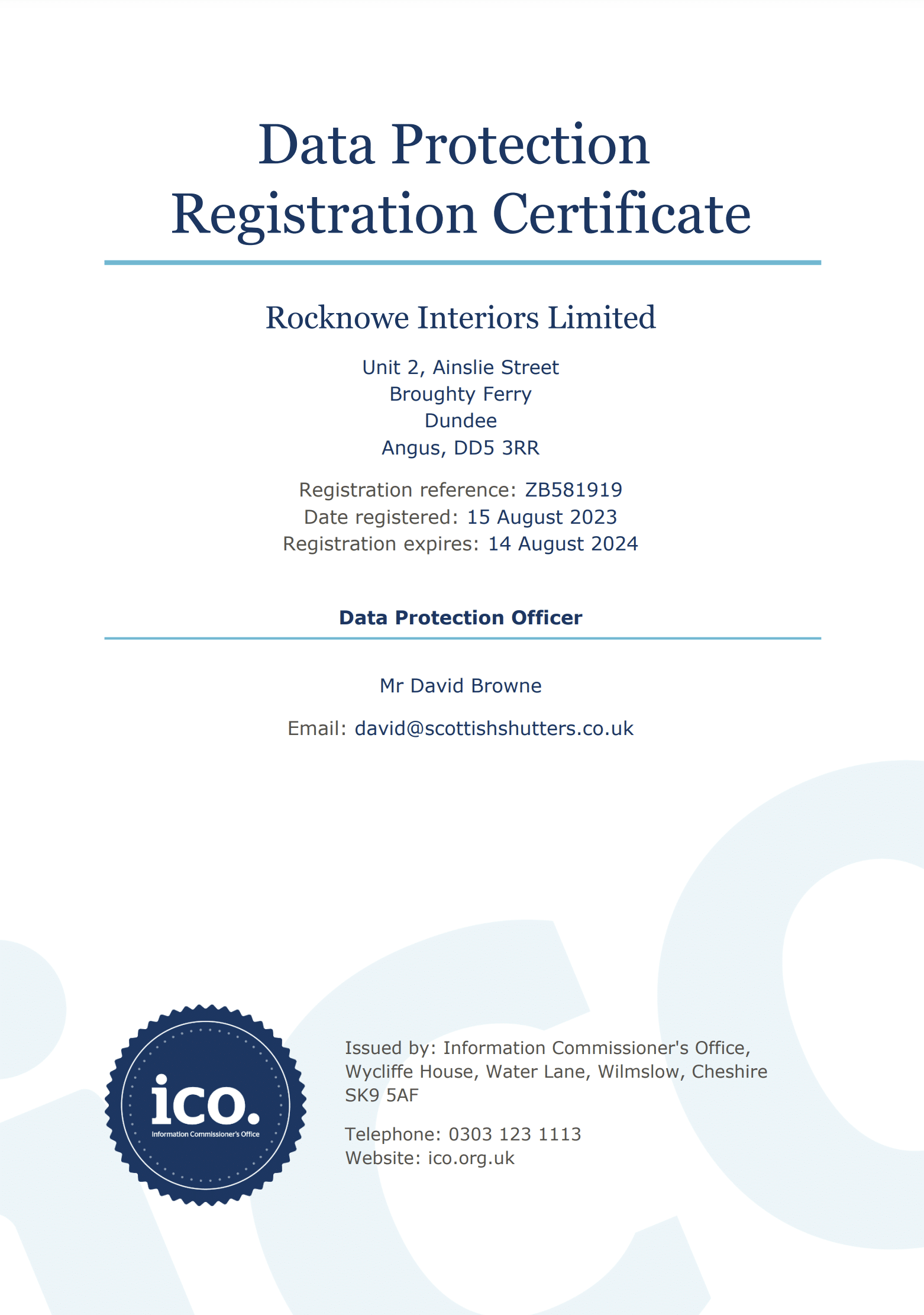 ICO Certification - Data Protection Registration Certificate - Rocknowe Interiors Limited