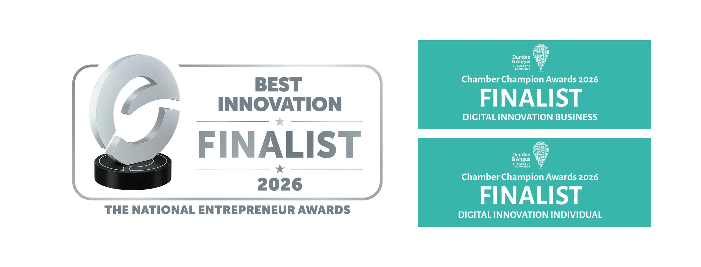 The Scottish Shutter Company, 2026 finalist badges: Best Innovation at the National Entrepreneur Awards, and Digital Innovation Business and Individual at the Dundee and Angus Chamber Champion Awards
