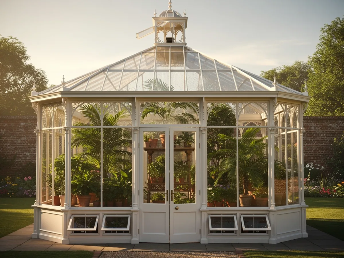 A Victorian glasshouse garden room with a small ventilation cupola on the roof apex, its hopper windows propped open to release hot air, and low vents open at plant-staging level