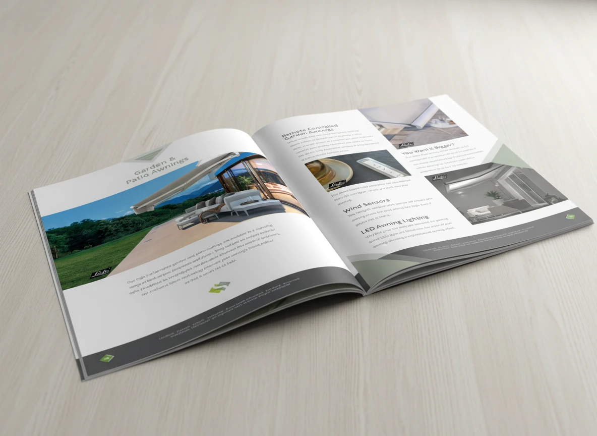The Scottish Shutter Company brochure open to the patio awnings pages