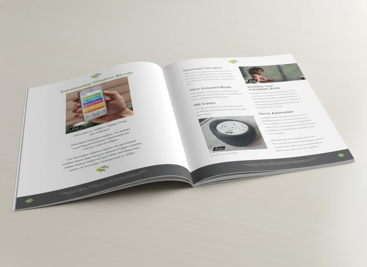 The Scottish Shutter Company brochure open to the automated window blinds pages