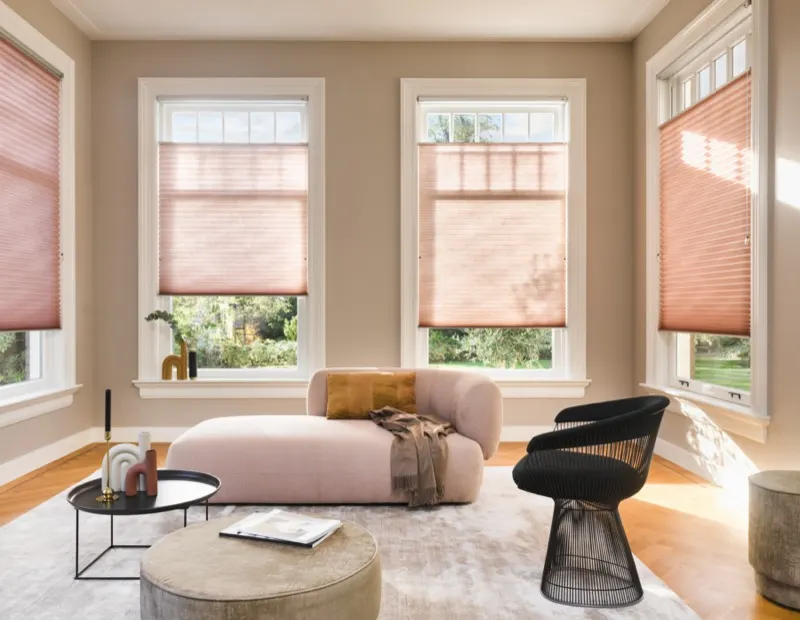 Pink Duette honeycomb blinds fitted to a bay window lounge