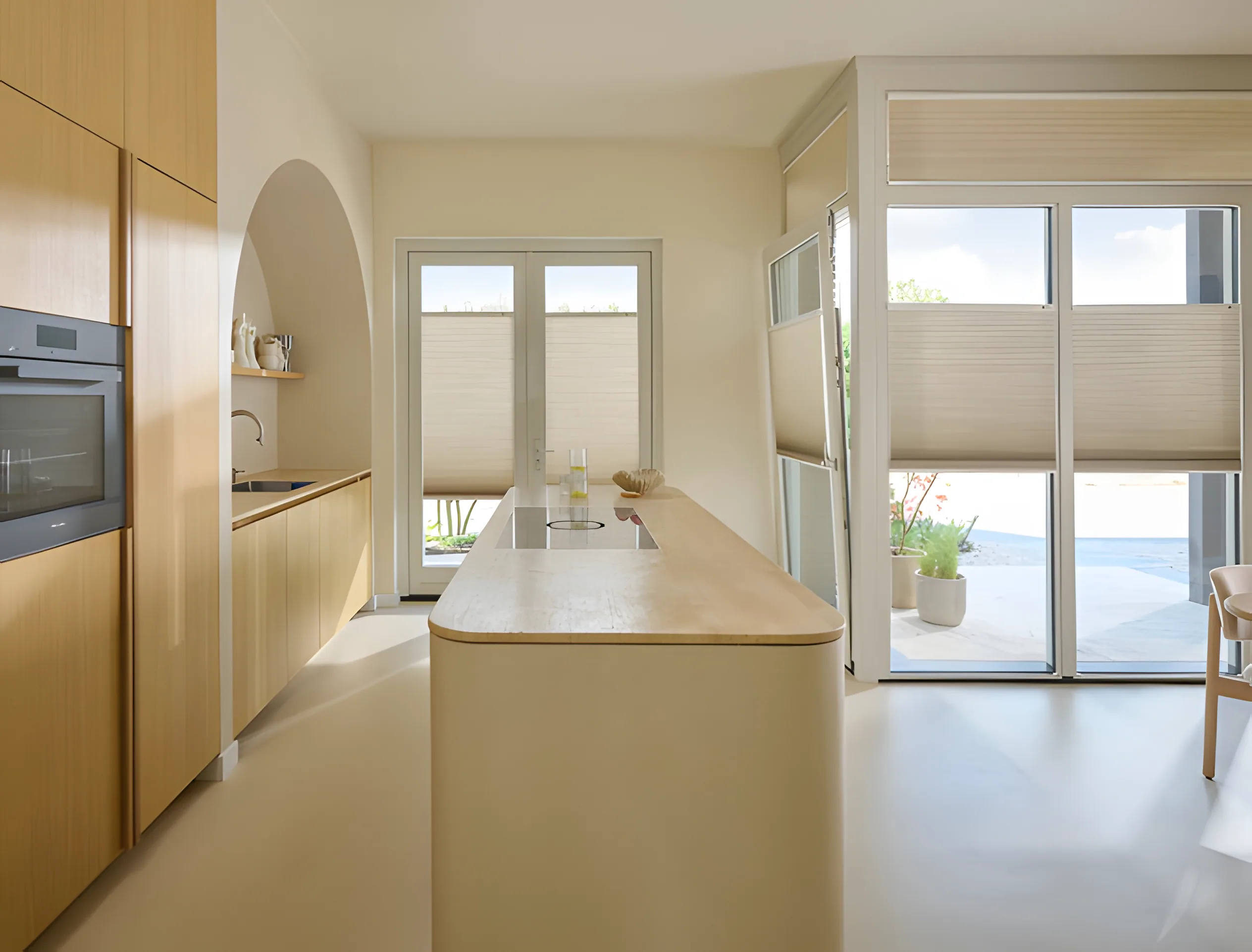 DuoMotion blind in a kitchen, top profile lowered for daylight at the top of the window