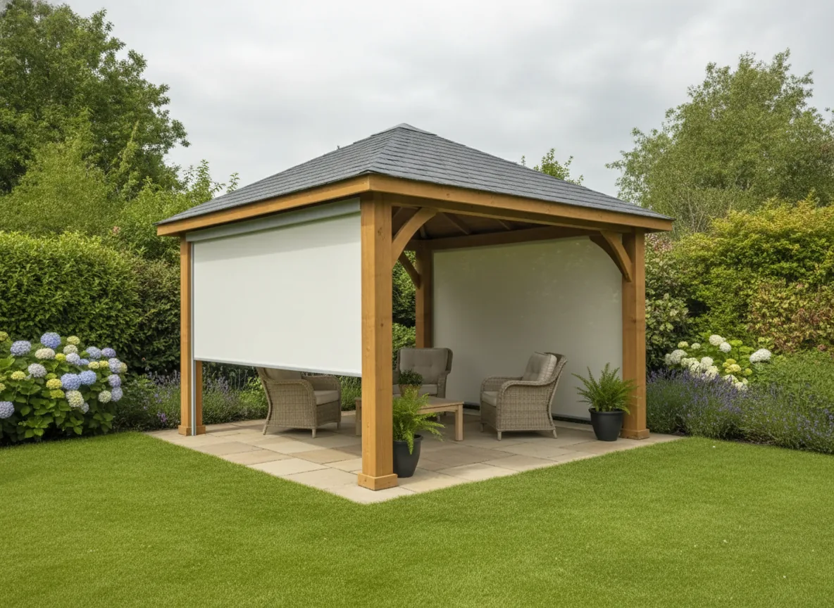 A free-standing timber gazebo with a Luxaflex external screen lowered down one open side to create a sheltered outdoor space