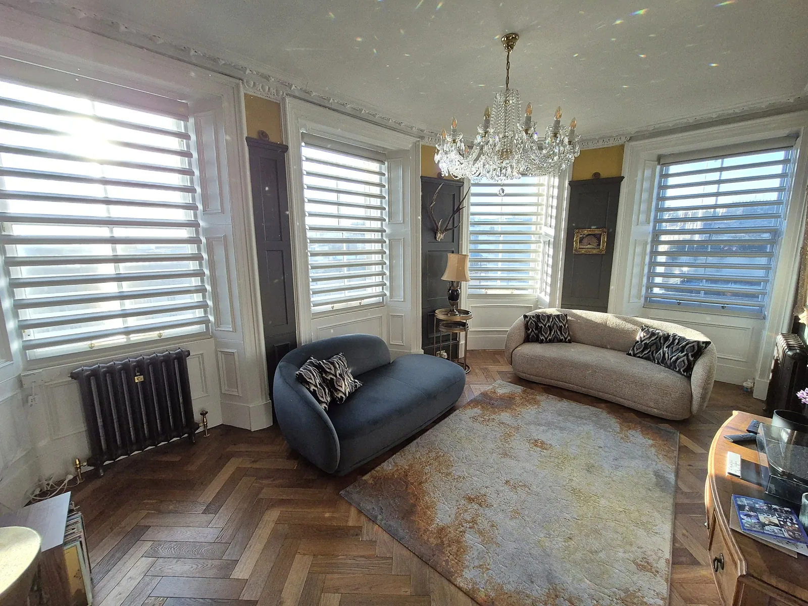 Luxaflex Pirouette shades in a contemporary living room