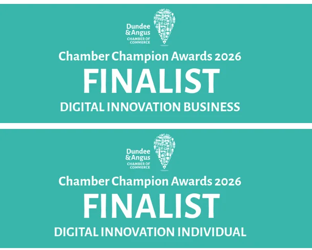 Dundee and Angus Chamber Champion Awards 2026 finalist badges for The Scottish Shutter Company in Digital Innovation Business and for David Browne in Digital Innovation Individual