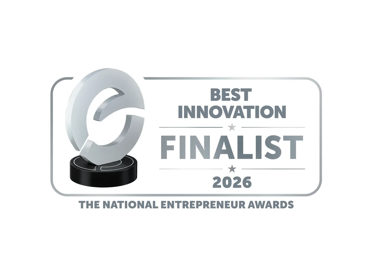 The National Entrepreneur Awards 2026 Best Innovation Finalist badge, showing the Entrepreneurs Circle trophy