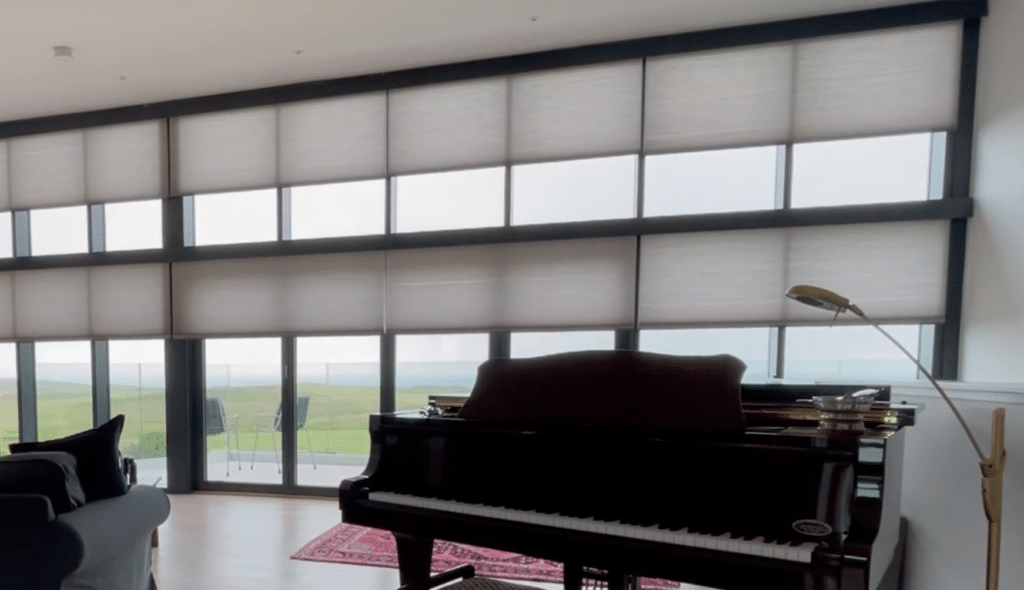 Motorised Duette Blinds Concealed by a Custom Coloured Pelmet on the Fife coast by The Scottish Shutter Company